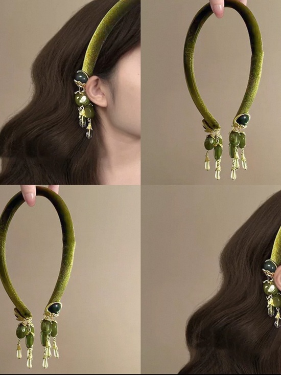 Accessories - Olive Green Velvet Statement Headband with Bead Tassels